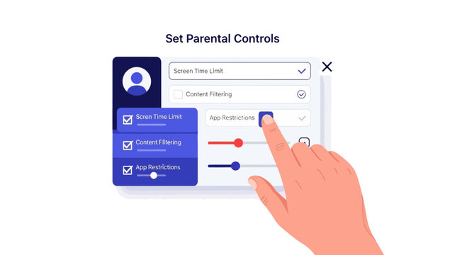 Hand setting parental controls on a digital device for content filtering and screen time.