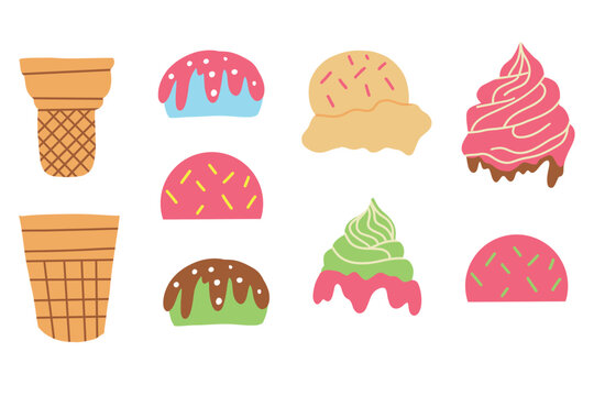 Ice cream constructor set with colorful hand drawn cones, scoops and dessert elements on white background