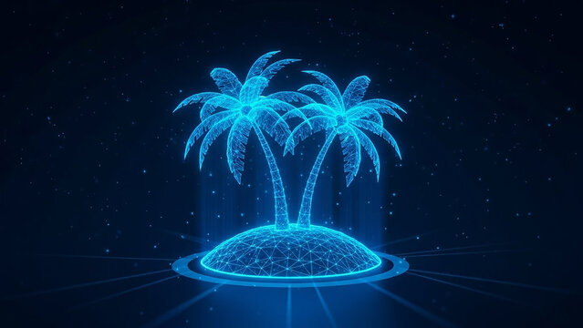 Holographic palm trees on tropical island digital wireframe