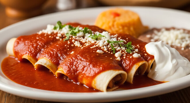 Enchiladas covered in savory red sauce sit on a ceramic plate with side portions of Mexican rice and refried beans.