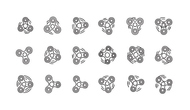 Fidget spinner icons in motion and static states with clean lines on white background