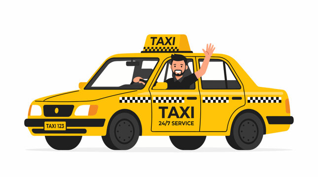 Taxi driver with a beard sits inside a yellow vehicle and waves his hand to signal for passengers.