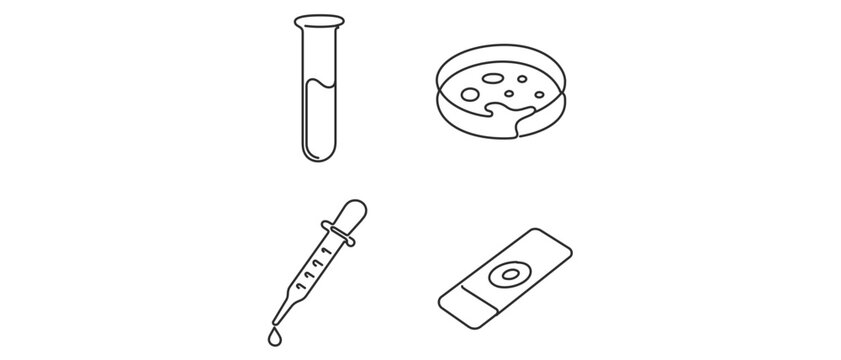 Professional lab glassware vector icon set with editable stroke featuring glass test tubes petri dishes graduated pipettes and microscope slides for science research collection of 4 icons for lab