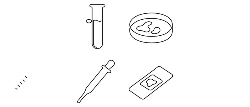 Scientific lab glassware vector icon set with editable stroke including glass test tubes petri dishes graduated pipettes and microscope slides for research studies collection of 4 icons for science