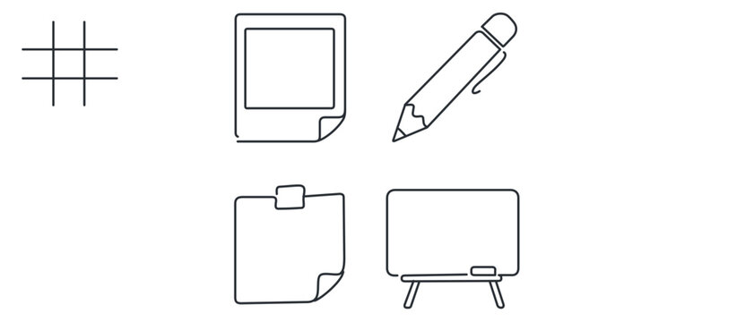 Business lean startup canvas strategy vector icon set with editable stroke including grid paper pencil sticky notes and whiteboard for project management planning collection of 4 icons for startups