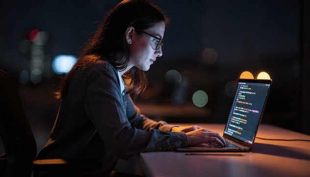 Focused female worker in eyeglasses uses laptop with glowing code on screen late at night, showcasing dedication, technology, and concentrated effort in a dark office