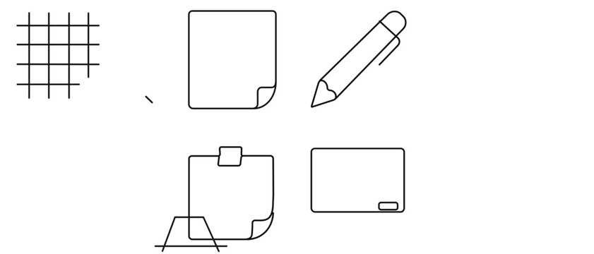 Lean startup canvas strategy vector icon set with editable stroke featuring grid paper pencil sticky notes and whiteboard for business project management planning collection of 4 icons for office