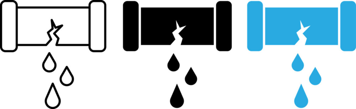 Broken Water Pipe Leak Icon Set Outline Solid Flat Style Plumbing Repair Vector Illustration