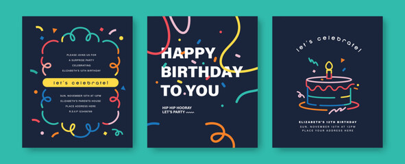Set of Happy Birthday greeting card, invitation card, poster, cover, vector illustration with birthday cake, confetti in colorful minimalist lines. © LittleWhale