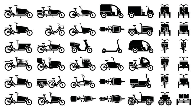 Electric cargo bike and delivery tricycle icon set &ndash; 24 flat black silhouette vector icons arranged in 4x6 grid on white background for sustainable urban logistics