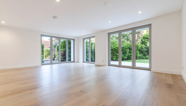Spacious modern empty living room with large glass doors and wooden floor.
