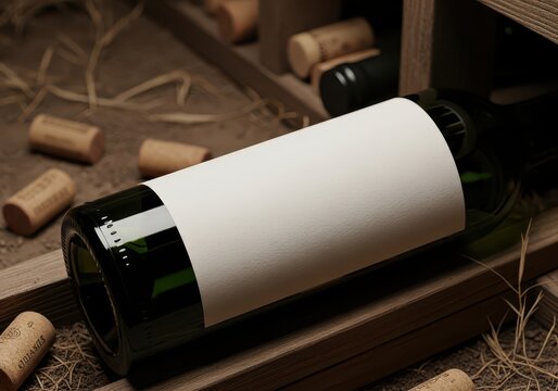 Unlabeled green wine bottle resting on a rustic wooden rack amidst scattered corks and dry straw, ready for custom branding or a new vintage in a traditional cellar setting