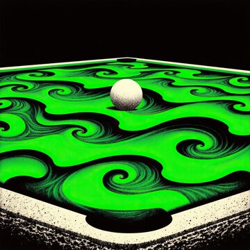 Surreal green billiard table with liquid wavy texture and a white ball on a dark background.