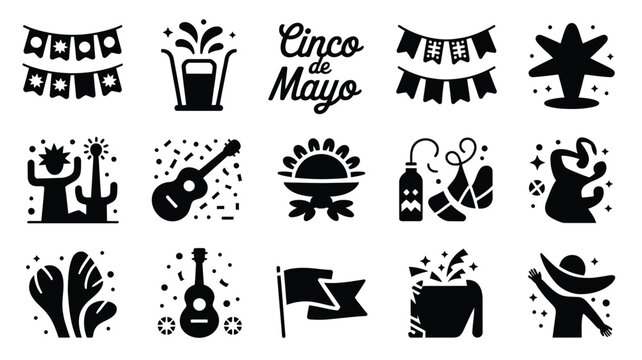 Cinco de mayo celebration icon set with festive symbols and decorations for mexican holiday