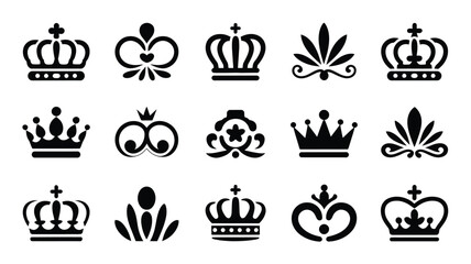 Fototapeta premium Elegant victoria day silhouette icons set of black crowns on white background for royal celebrations