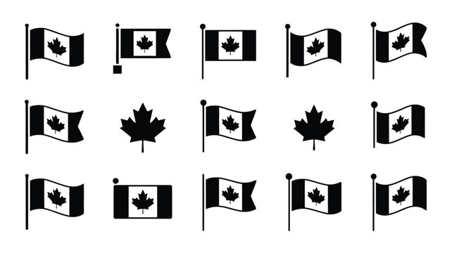 Collection of canadian flags and maple leaf symbols in various styles and orientations on white background