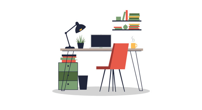 Modern Home Office Desk Setup with Laptop, Lamp, Chair and Books