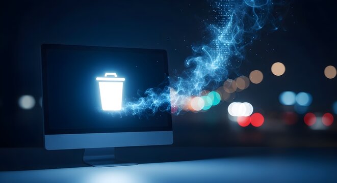 Digital Data Deletion Concept With Trash Can Icon Emerging From Computer Screen