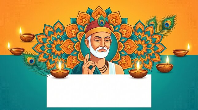 Sant Kabir Jayanti festival banner with copy space, spiritual saint portrait with mandala and diyas.