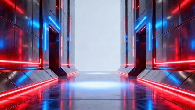 Futuristic corridor with neon lights