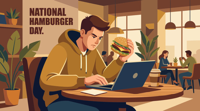Man Working on Laptop and Eating Hamburger in Cafe Illustration