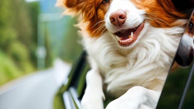Dog leans out of car window enjoying the breeze on a sunny day Generative AI