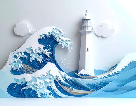 A white papercraft lighthouse standing tall against dramatic surging blue ocean waves in traditional art style