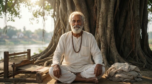 Sant Kabir Das sitting under a Banyan tree with a traditional wooden handloom, spiritual atmosphere.