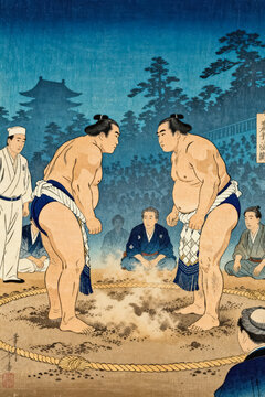 This woodblock print depicts two sumo wrestlers standing opposite each other in a dohyo ring, preparing for a match, with referees and spectators watching nearby.
