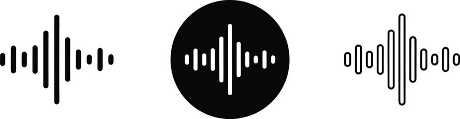 Digital audio sound wave vector icon set featuring music frequency signal and voice recording levels in black outline styles isolated on white background Black podcast sound wave patterns with varying © Abdul Rehman