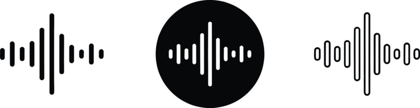 Digital audio sound wave vector icon set featuring music frequency signal and voice recording levels in black outline styles isolated on white background Black podcast sound wave patterns with varying