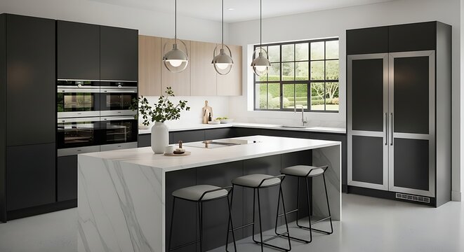 Modern monochrome kitchen with island, bar seating, and bright open layout.
