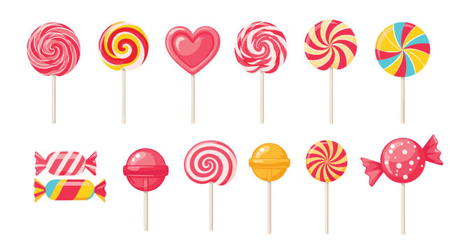 Collection of colorful lollipops and wrapped hard candies in various shapes like hearts, spirals, and spheres with vibrant red and yellow patterns.