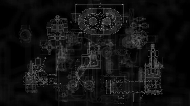Technical drawings of a machine with various mechanisms and rotating parts animating on screen