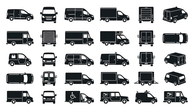 Last-mile electric delivery van and light commercial EV icon set &ndash; 24 flat black silhouette vector icons arranged in 4x6 grid on white background for urban cargo transport