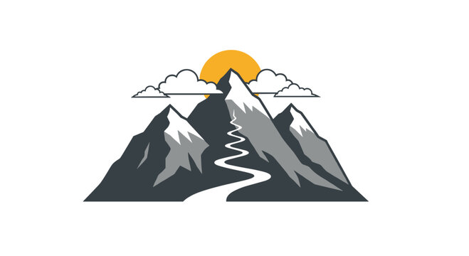 Minimalist landscape illustration of gray mountain peaks with a winding white path leading towards a bright orange sun and clouds.