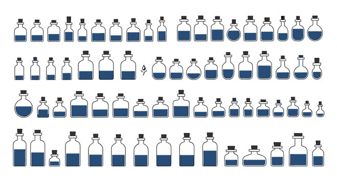 Systematic arrangement of glass chemistry or alchemy bottles containing blue liquid at different volume levels for scientific data.