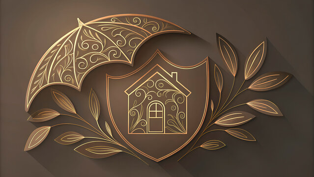 Umbrella and shield iimage with house symbol and decorative leaves  