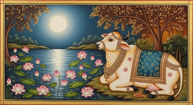 Sacred Cow Resting by Moonlit Lotus Pond in Traditional Indian Art.