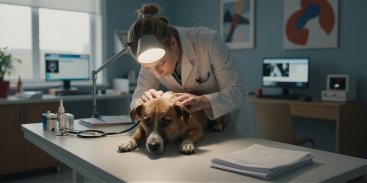 A brown and white dog with a white facial stripe lies on an examination table in a veterinary clinic, being examined by a female veterinarian wearing a white lab coat and headlamp.