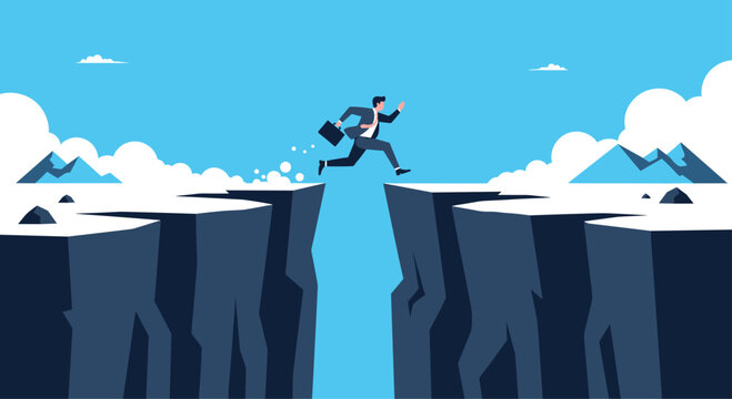 Determined businessman in a suit jumping over a dangerous gap between two high cliffs with snow in a conceptual blue landscape.