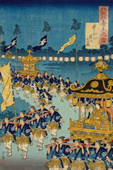 Naklejka premium This ukiyo-e artwork depicts a traditional Japanese nighttime festival parade, with teams carrying ornate golden portable shrines and accompanying performers.