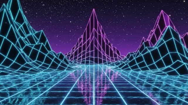 Retro 80s Synthwave Landscape Neon Grid Mountains and Road, Stars