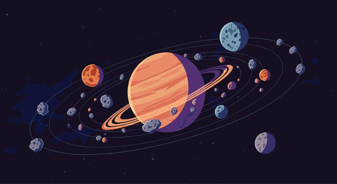 Pixel art space scene depicts a solar system with a ringed planet, various asteroids, and distant moons in orbit.