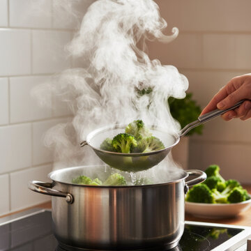 Blanching fresh green broccoli in a pot of boiling water with steam rising on a modern kitchen counter