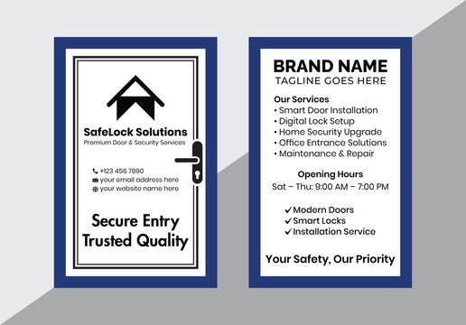 Modern Door Shape Business Card Template, Front and Back View, Blue Corporate Visiting Card Design, Clean Professional Security Company Card