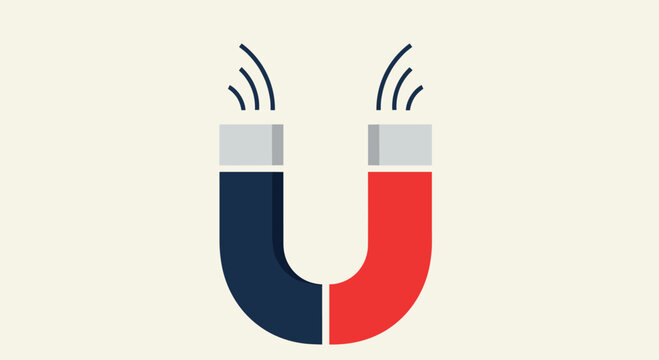 Horseshoe magnet illustration with red and blue poles shows magnetic field lines on a light beige background.