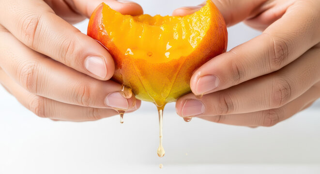 Closeup of hands holding a juicy ripe peach with dripping juice.