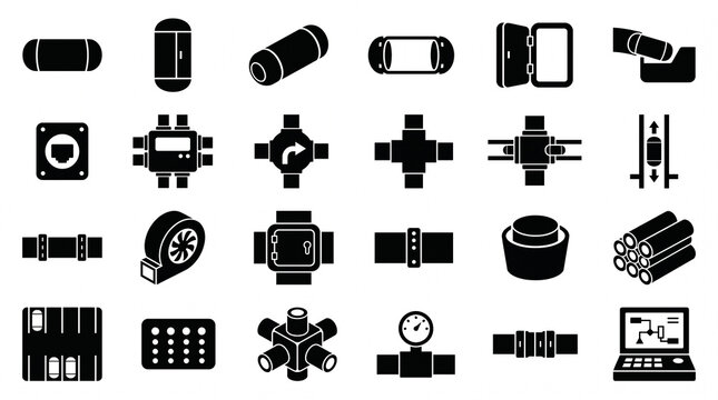 Pneumatic tube delivery system icon set &ndash; 24 flat black silhouette vector icons arranged in 4x6 grid on white background for hospital and bank transport automation