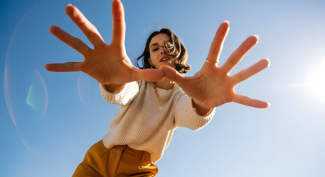 Woman reaching out with open hands against blue sky transparent background